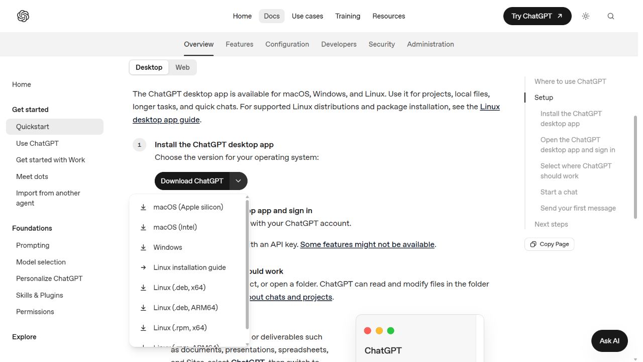 Официальная инструкция OpenAI: кнопка Download ChatGPT и раскрытое меню Windows, macOS и Linux